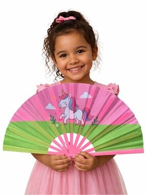 Kids Pink & Green Unicorn Hand Fan